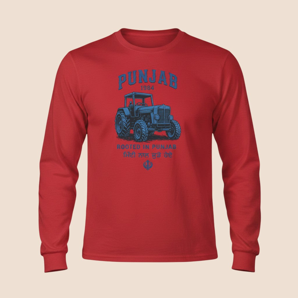 PUNJAB BOLDA red long sleeve cotton shirt with a blue tractor graphic and Punjab 1984 text print.