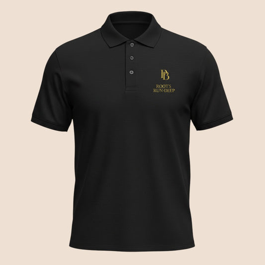 PUNJAB BOLDA black pique polo shirt with gold ROOTS RUN DEEP logo, 3-button placket, and classic cotton fit.