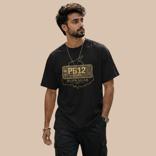 PUNJAB BOLDA black unisex classic tee with gold Rupnagar district graphic and PB12 license plate design.