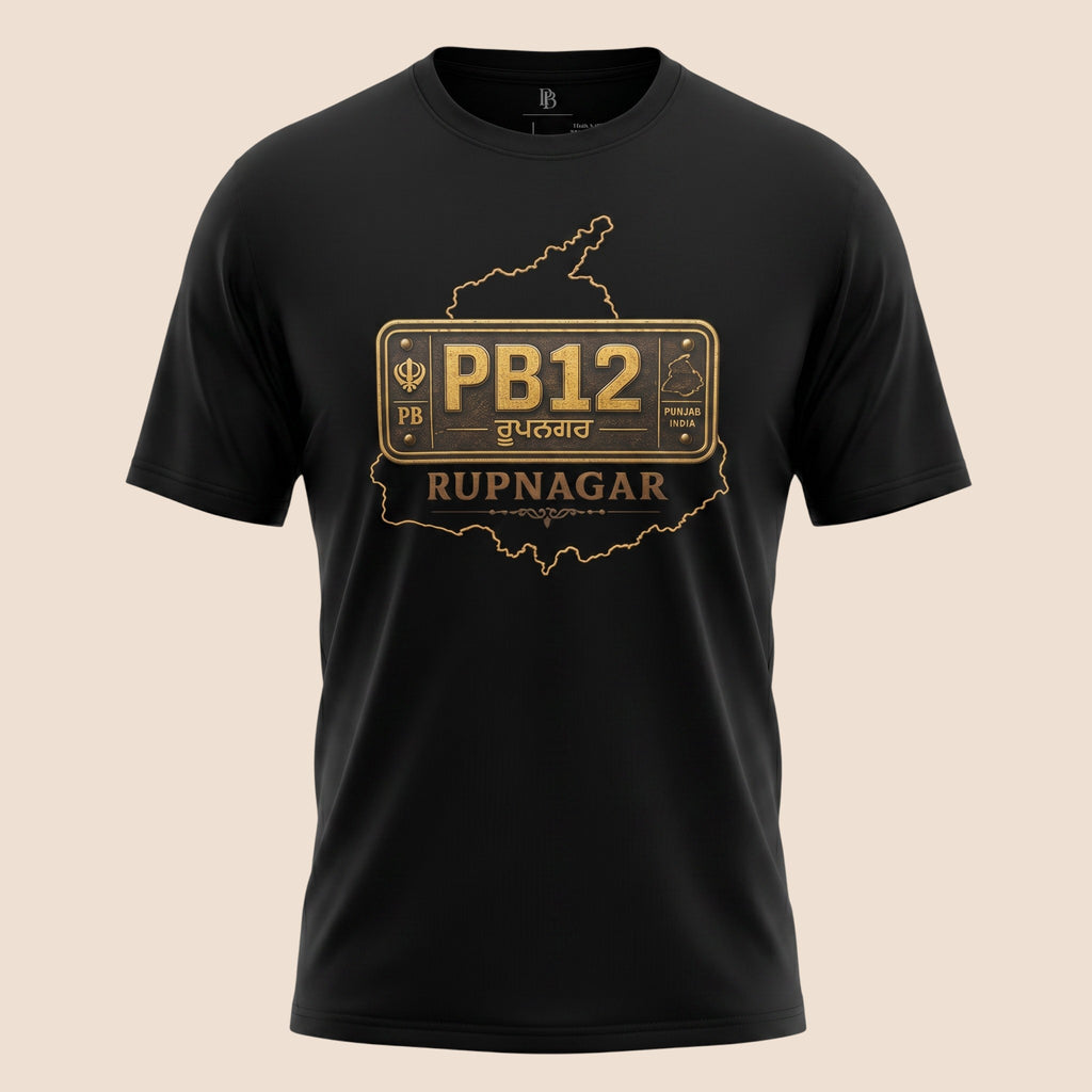 PUNJAB BOLDA black unisex classic tee featuring a gold Rupnagar PB12 district graphic print on the chest.