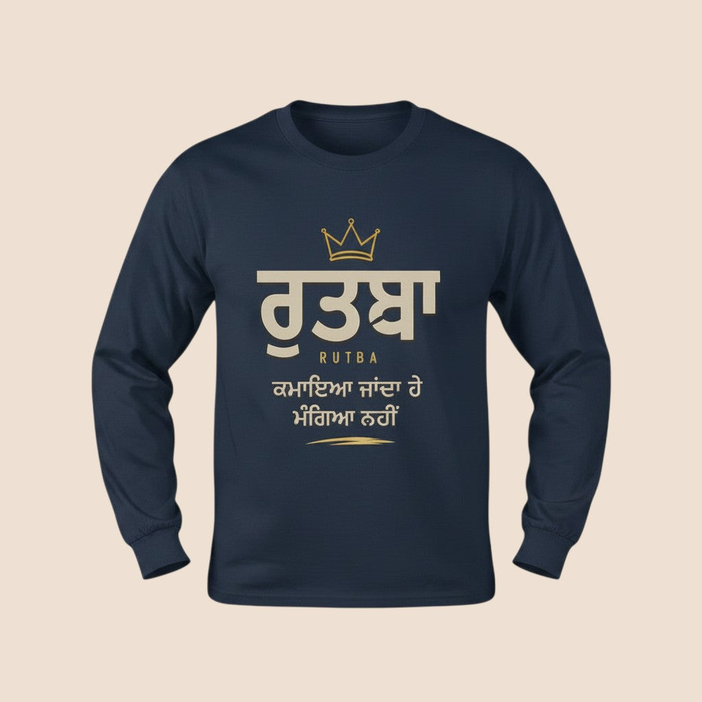 PUNJAB BOLDA navy blue long sleeve cotton shirt with RUTBA Punjabi graphic print and crown design.