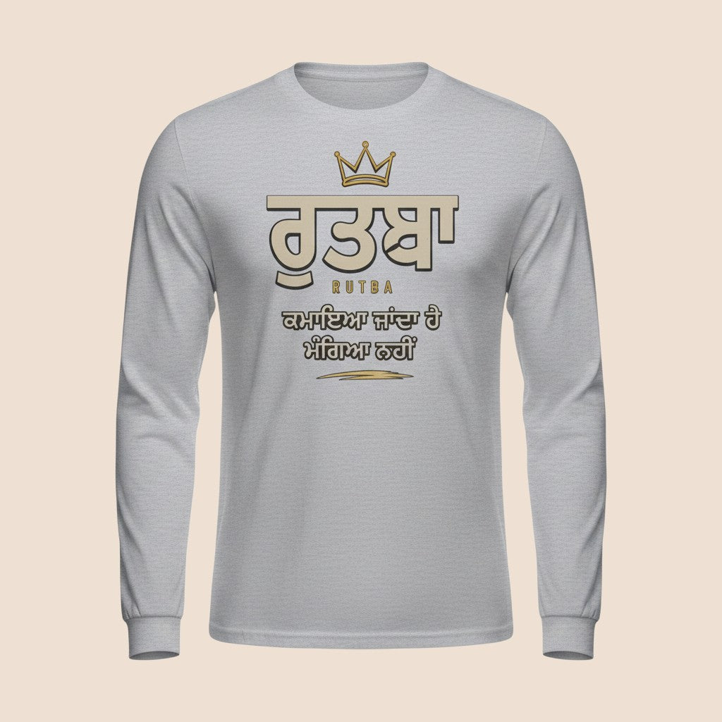 PUNJAB BOLDA grey long sleeve cotton shirt with Rutba Punjabi graphic print, crown icon, and rib cuffs.