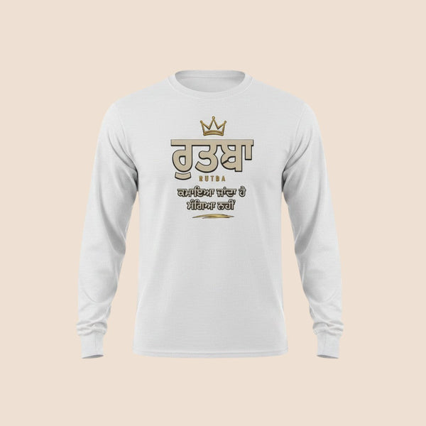 PUNJAB BOLDA white long sleeve cotton shirt with Rutba graphic print, crown icon, and Punjabi text on the chest.
