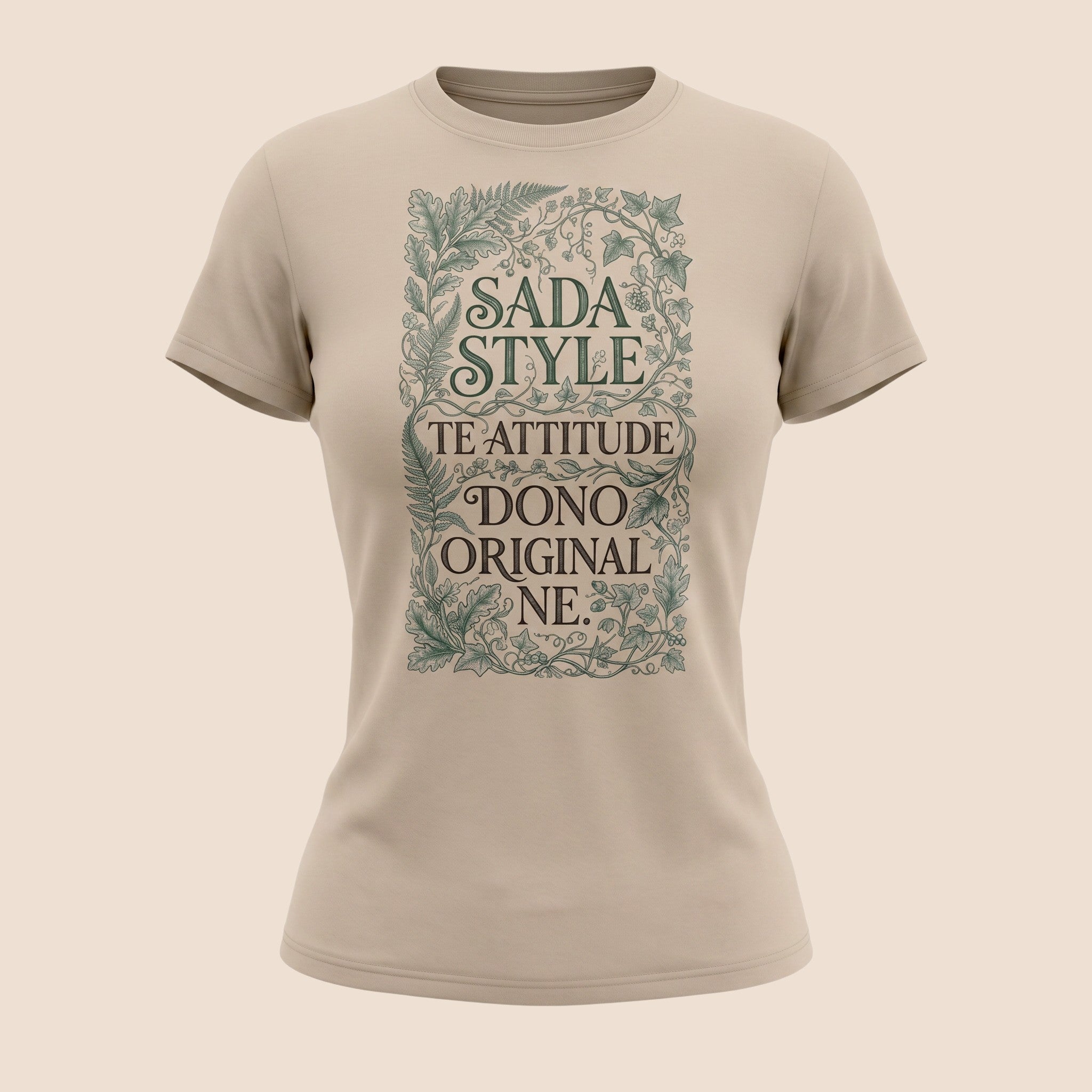 PUNJAB BOLDA beige unisex cotton t-shirt featuring SADA STYLE graphic print with intricate botanical frame design.