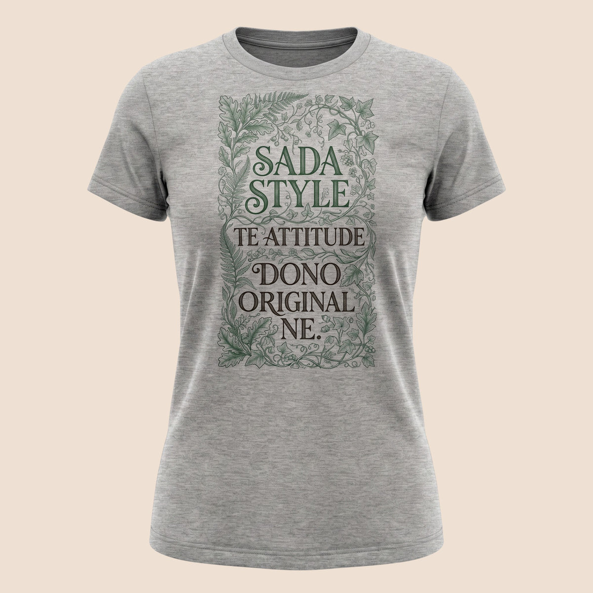 PUNJAB BOLDA grey unisex classic tee with green botanical frame and SADA STYLE TE ATTITUDE DONO ORIGINAL NE text.