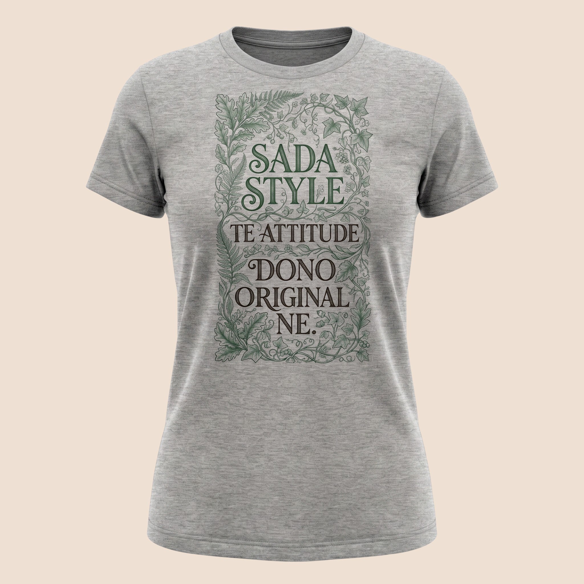 PUNJAB BOLDA grey unisex classic tee with green botanical frame and SADA STYLE TE ATTITUDE DONO ORIGINAL NE text.