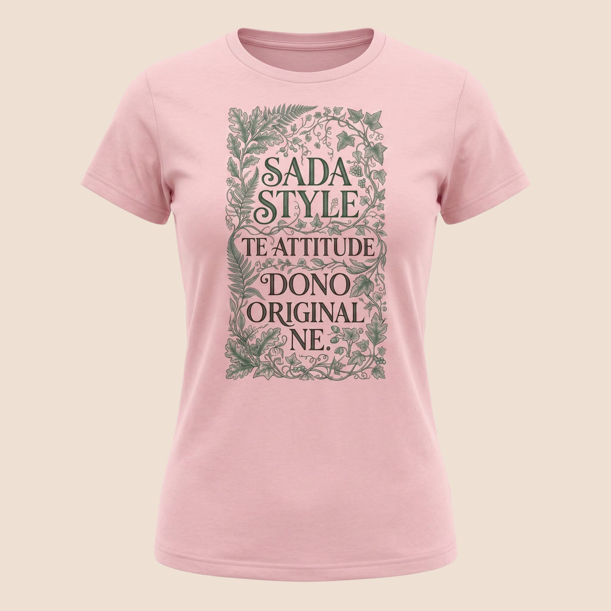 PUNJAB BOLDA light pink unisex cotton t-shirt featuring a green botanical frame and SADA STYLE graphic print.