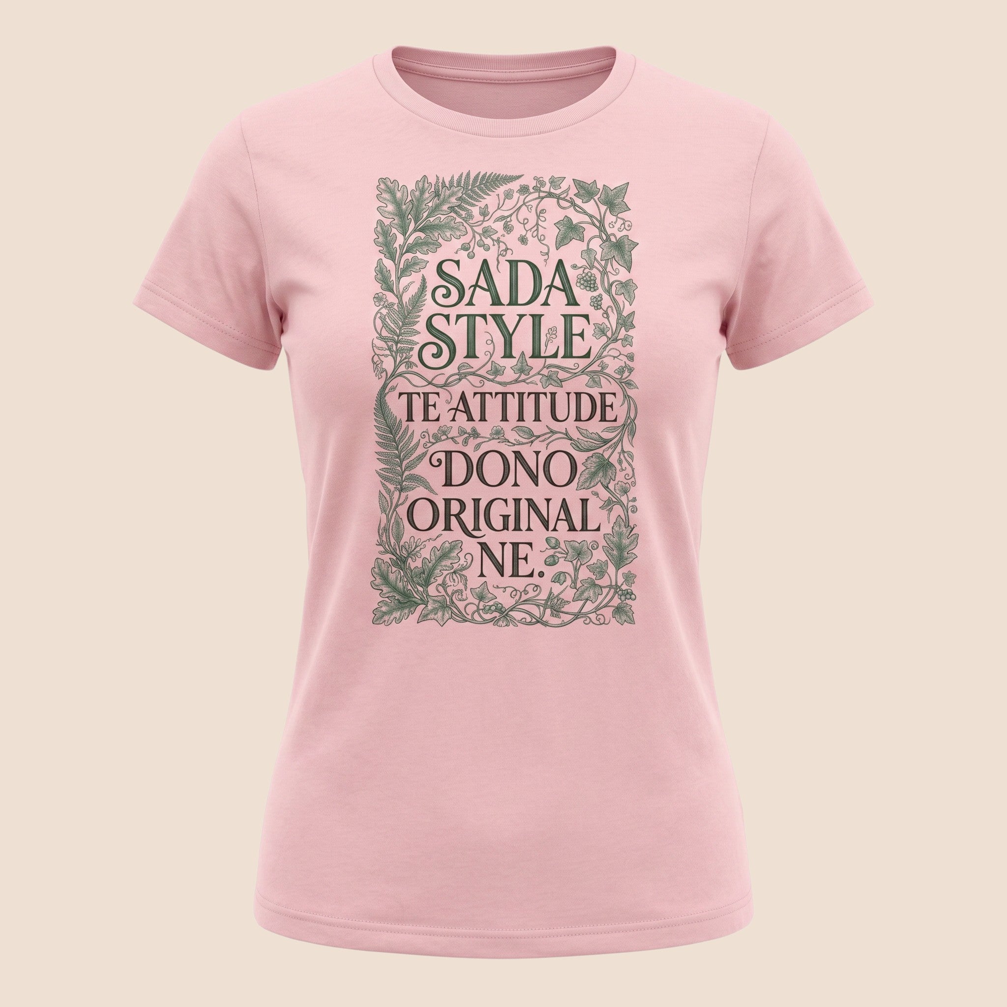 PUNJAB BOLDA light pink unisex cotton t-shirt featuring a green botanical frame and SADA STYLE graphic print.