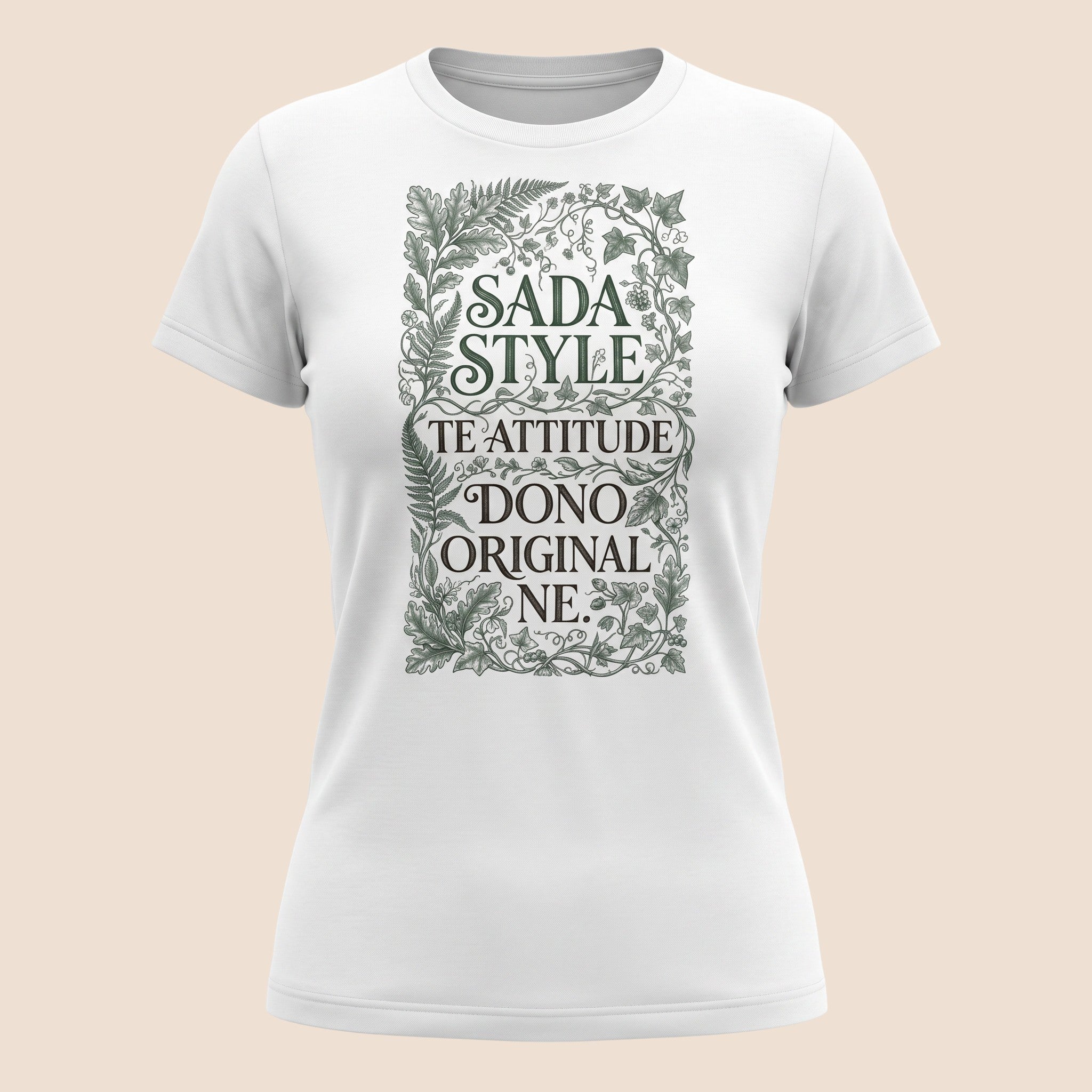 PUNJAB BOLDA white unisex classic cotton tee featuring a green botanical frame and SADA STYLE graphic print.