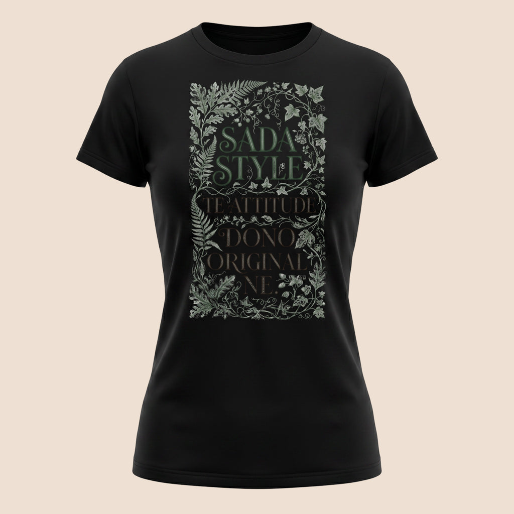 PUNJAB BOLDA black unisex cotton t-shirt featuring a decorative botanical frame and SADDA STYLE graphic print.