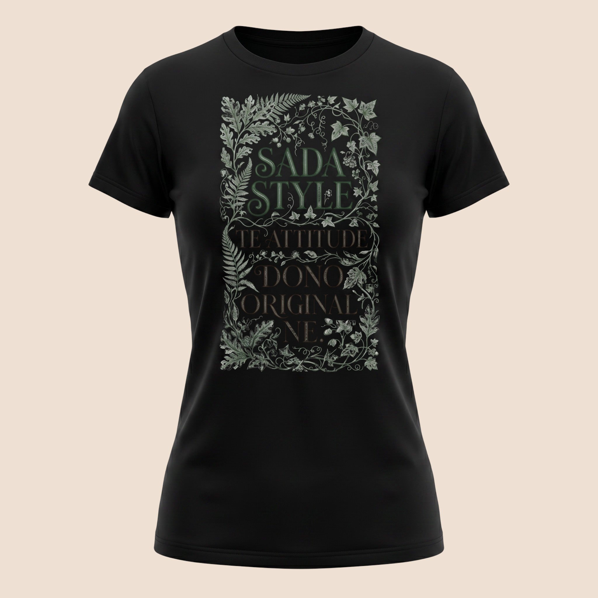 PUNJAB BOLDA black unisex cotton t-shirt featuring a decorative botanical frame and SADDA STYLE graphic print.