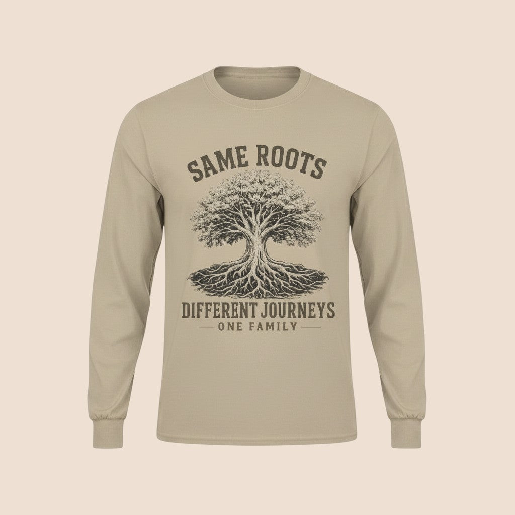 PUNJAB BOLDA beige long sleeve cotton shirt with Same Roots Different Journeys tree graphic print