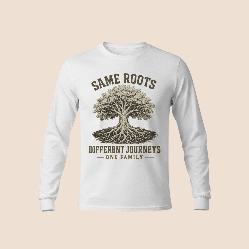 PUNJAB BOLDA white long sleeve cotton shirt with a Same Roots Different Journeys tree graphic print.