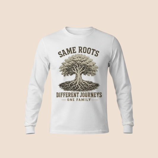 PUNJAB BOLDA white long sleeve cotton shirt with a Same Roots Different Journeys tree graphic print.