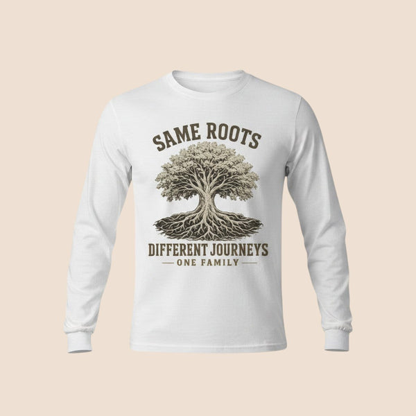 PUNJAB BOLDA white long sleeve cotton shirt with a Same Roots Different Journeys tree graphic print.