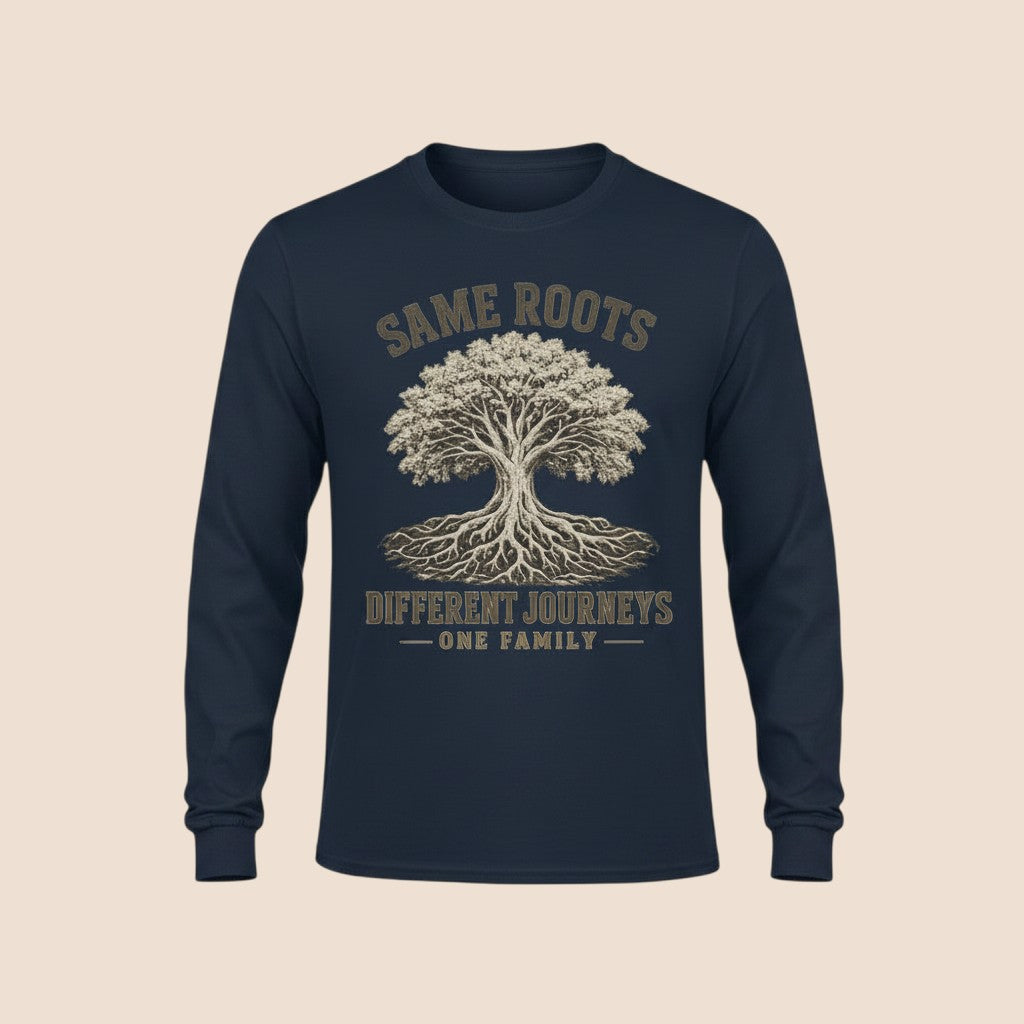 PUNJAB BOLDA navy blue long sleeve cotton shirt with a graphic of a tree and the text Same Roots Different Journeys.