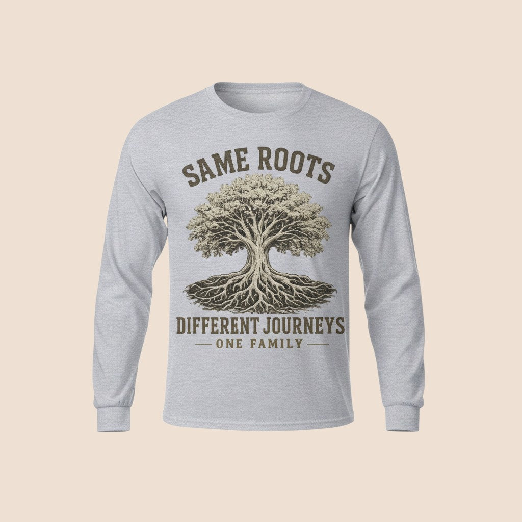 PUNJAB BOLDA grey long sleeve cotton shirt featuring a tree graphic with Same Roots Different Journeys text.
