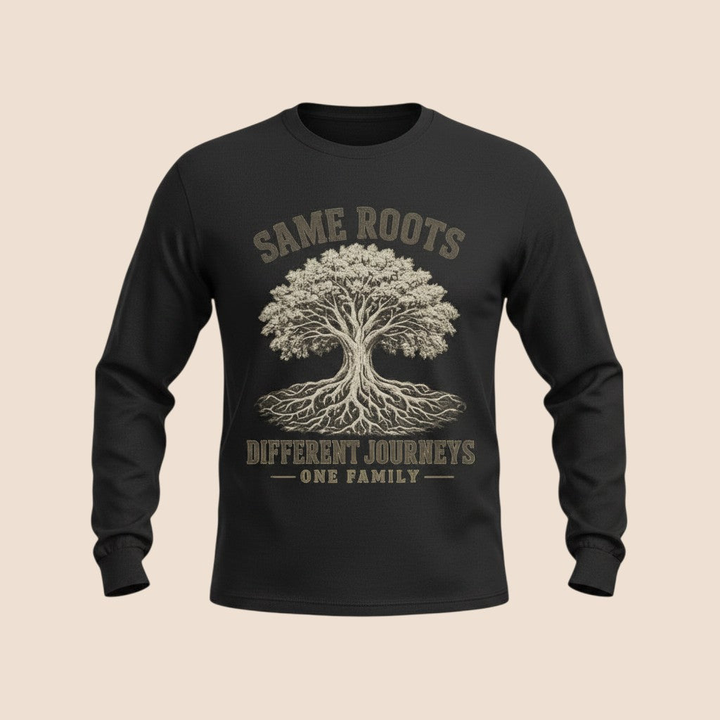 PUNJAB BOLDA black long sleeve cotton shirt featuring a Same Roots Different Journeys tree graphic print.