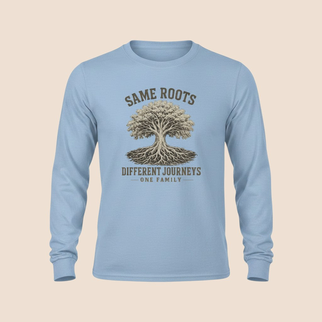 PUNJAB BOLDA light blue long sleeve cotton shirt featuring a Same Roots Different Journeys tree graphic print.