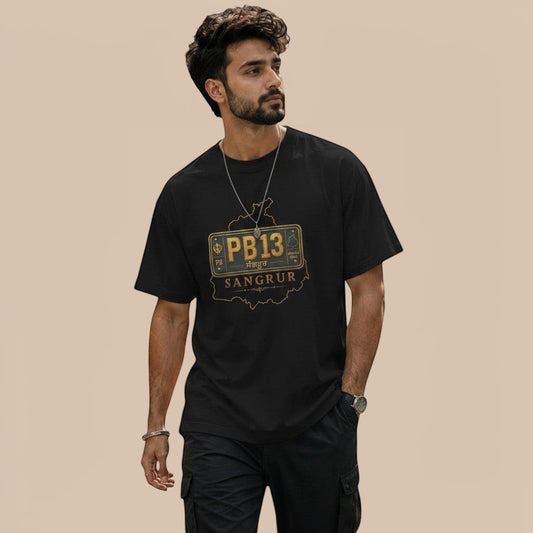 PUNJAB BOLDA black unisex classic tee with a gold graphic of Sangrur district map and license plate.