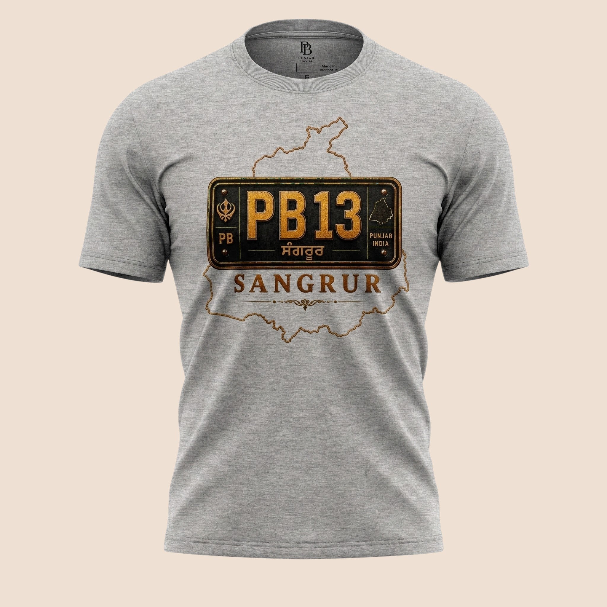 PUNJAB BOLDA grey unisex classic tee featuring a Sangrur district PB13 license plate graphic and heritage design.