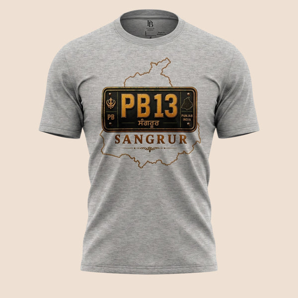 PUNJAB BOLDA grey unisex classic tee featuring a Sangrur district PB13 license plate graphic and heritage design.