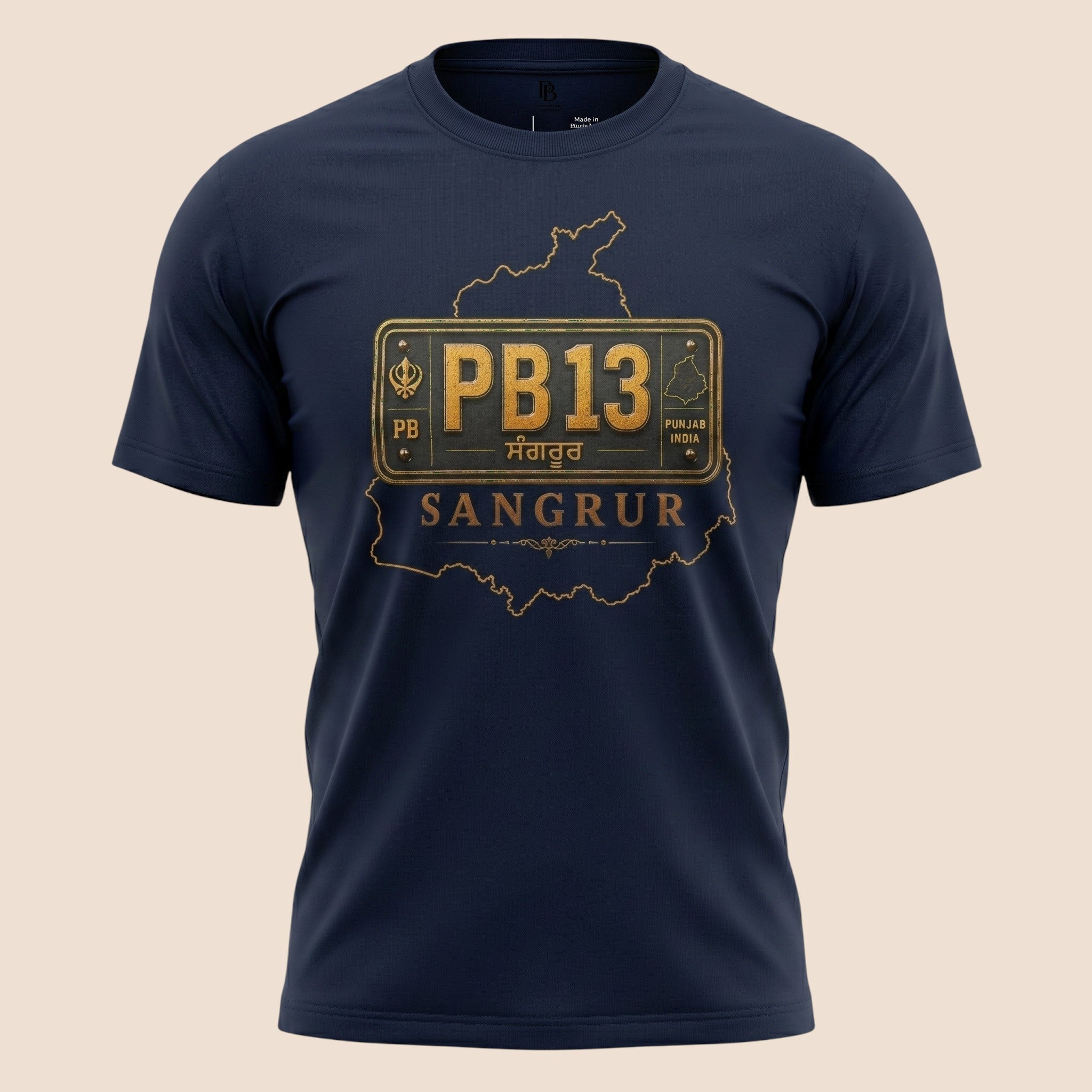 PUNJAB BOLDA navy blue unisex classic tee featuring a gold PB13 Sangrur district license plate graphic design.