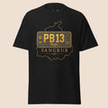PUNJAB BOLDA black unisex classic tee featuring a gold PB13 Sangrur district license plate graphic design.