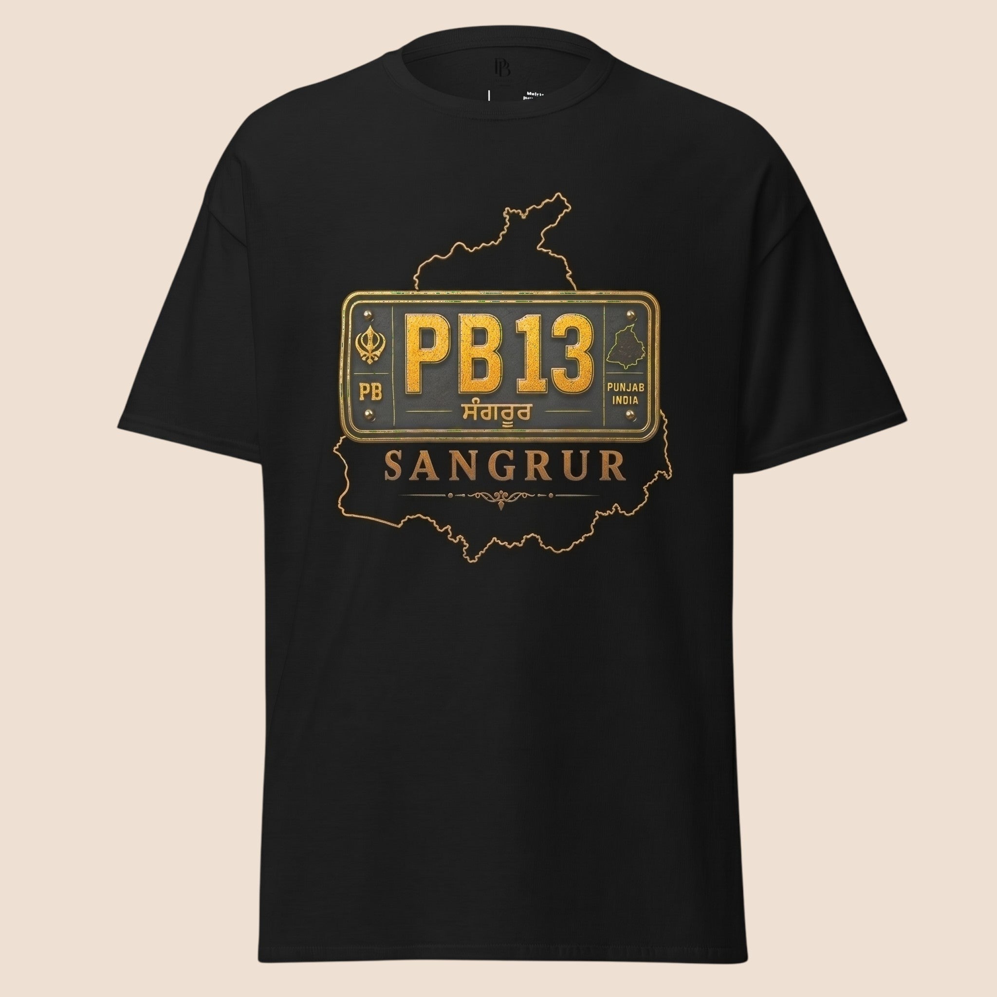 PUNJAB BOLDA black unisex classic tee featuring a gold PB13 Sangrur district license plate graphic design.