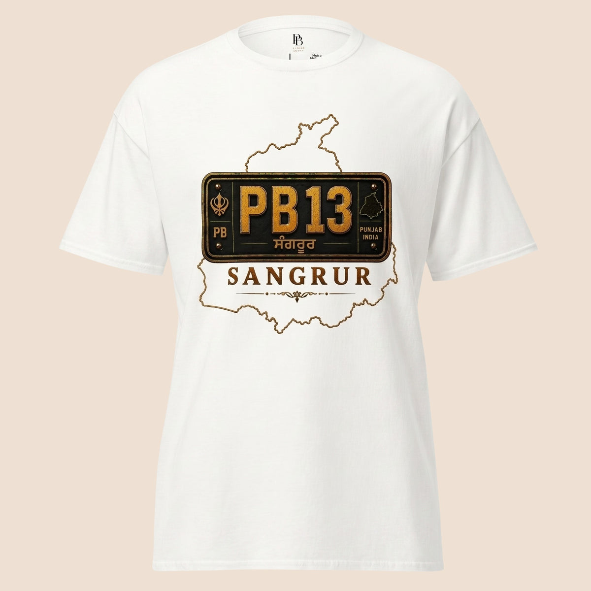 PUNJAB BOLDA white unisex classic tee featuring a Sangrur district PB13 license plate graphic design.