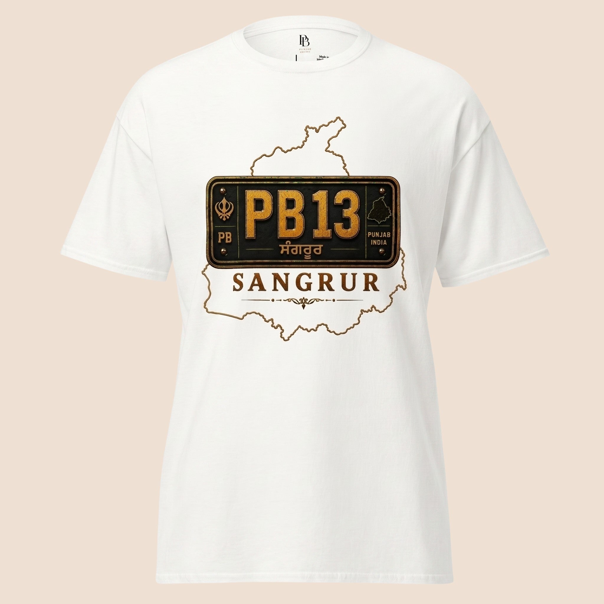 PUNJAB BOLDA white unisex classic tee featuring a Sangrur district PB13 license plate graphic design.