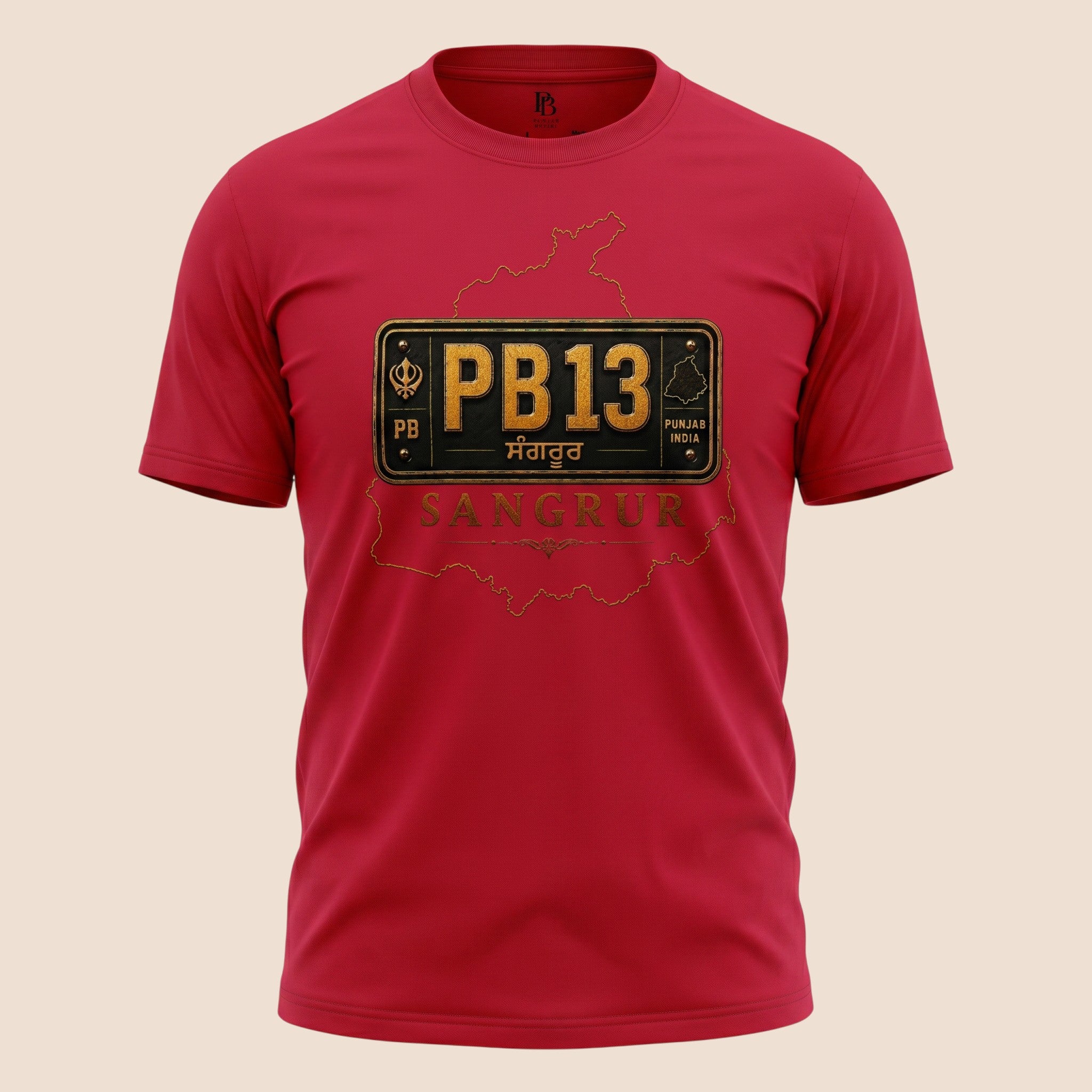 PUNJAB BOLDA red unisex classic tee featuring a Sangrur district PB13 license plate graphic and heritage design.
