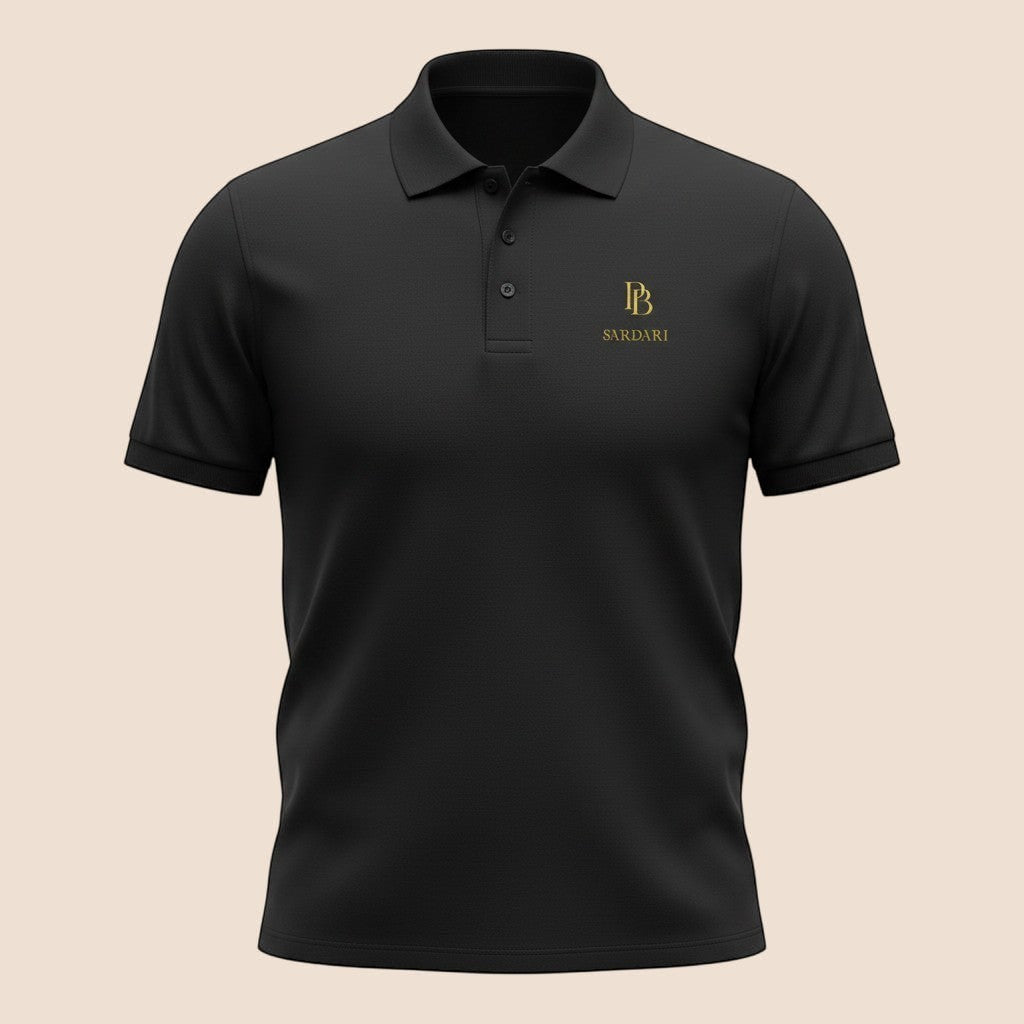 PUNJAB BOLDA SARDARI black premium pique cotton polo shirt with ribbed collar and gold logo embroidery.