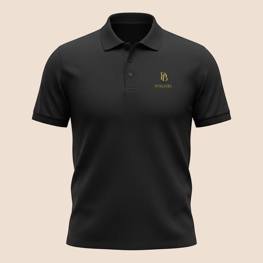 PUNJAB BOLDA SARDARI black premium pique cotton polo shirt with ribbed collar and gold logo embroidery.