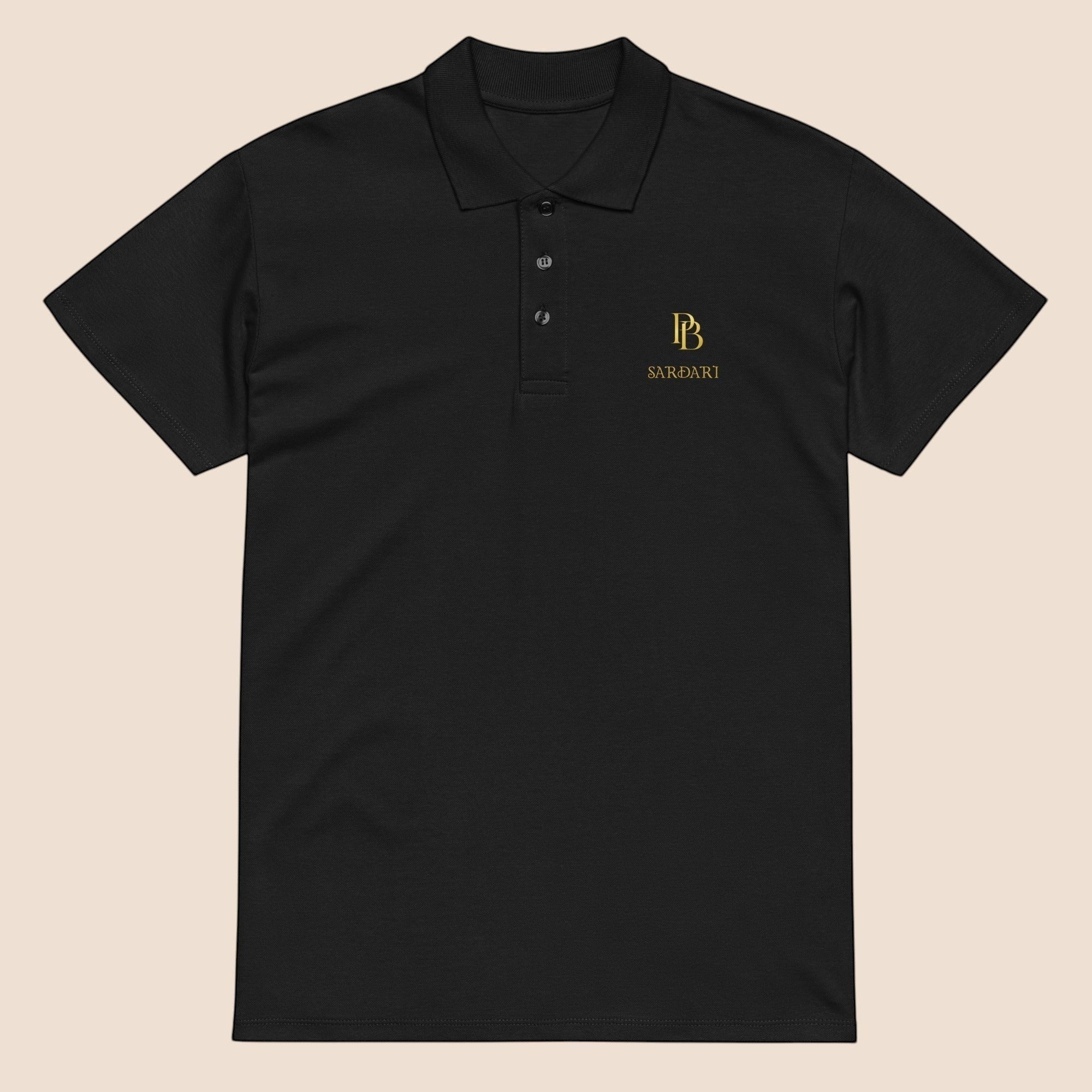 PUNJAB BOLDA SARDARI black pique cotton polo shirt with gold embroidered logo and three-button placket.
