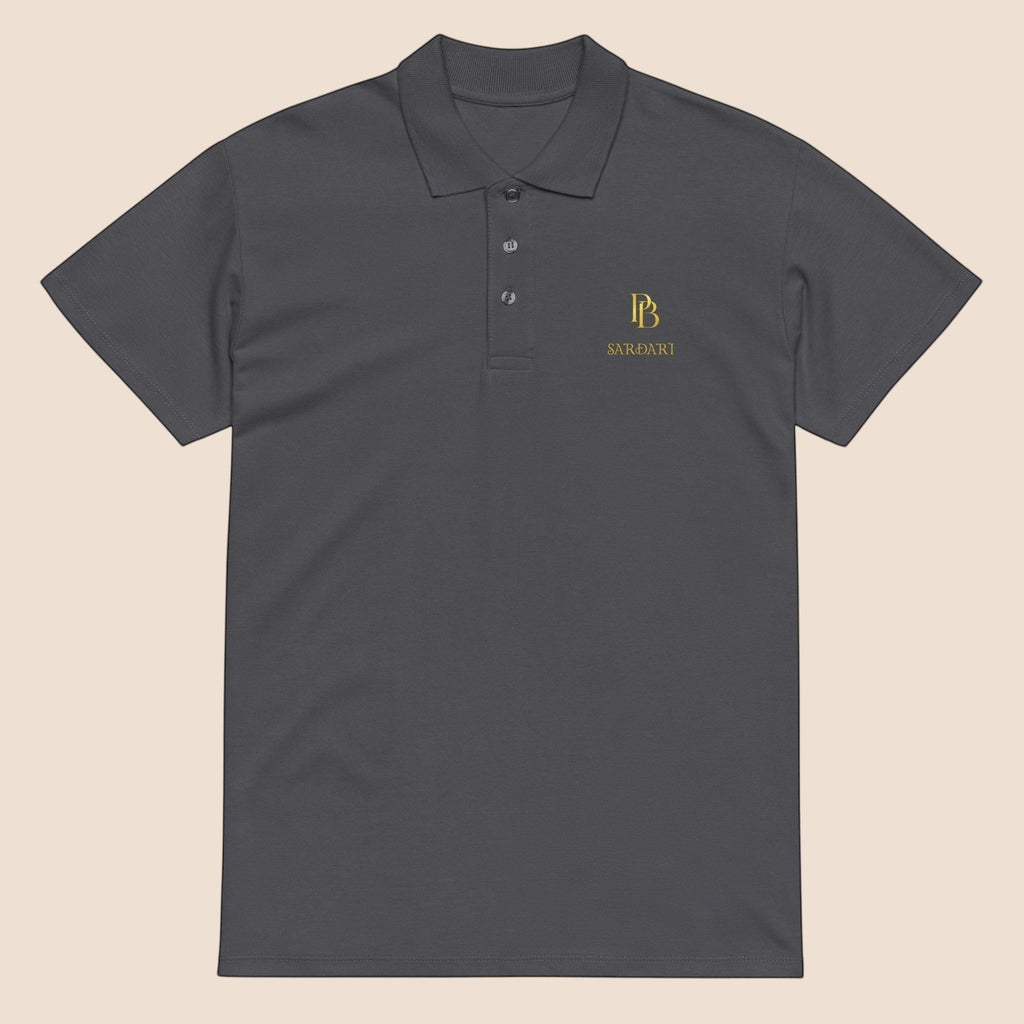 PUNJAB BOLDA SARDARI premium charcoal grey pique cotton polo shirt with gold logo embroidery and 3-button placket.