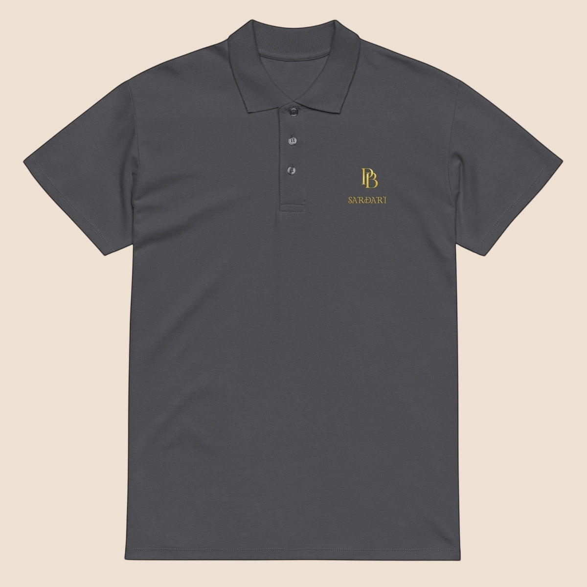 PUNJAB BOLDA SARDARI premium charcoal grey pique cotton polo shirt with gold logo embroidery and 3-button placket.