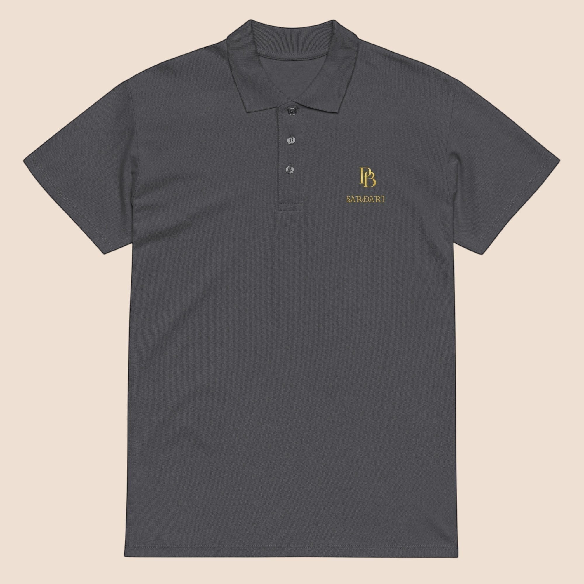 PUNJAB BOLDA SARDARI premium charcoal grey pique cotton polo shirt with gold logo embroidery and 3-button placket.