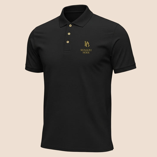 PUNJAB BOLDA black SARDARI MODE pique polo shirt with gold logo embroidery and a classic three-button placket.