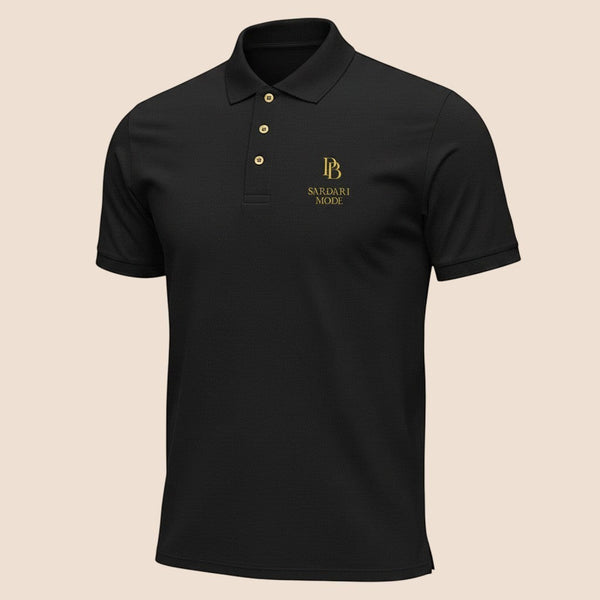 PUNJAB BOLDA black SARDARI MODE pique polo shirt with gold logo embroidery and a classic three-button placket.