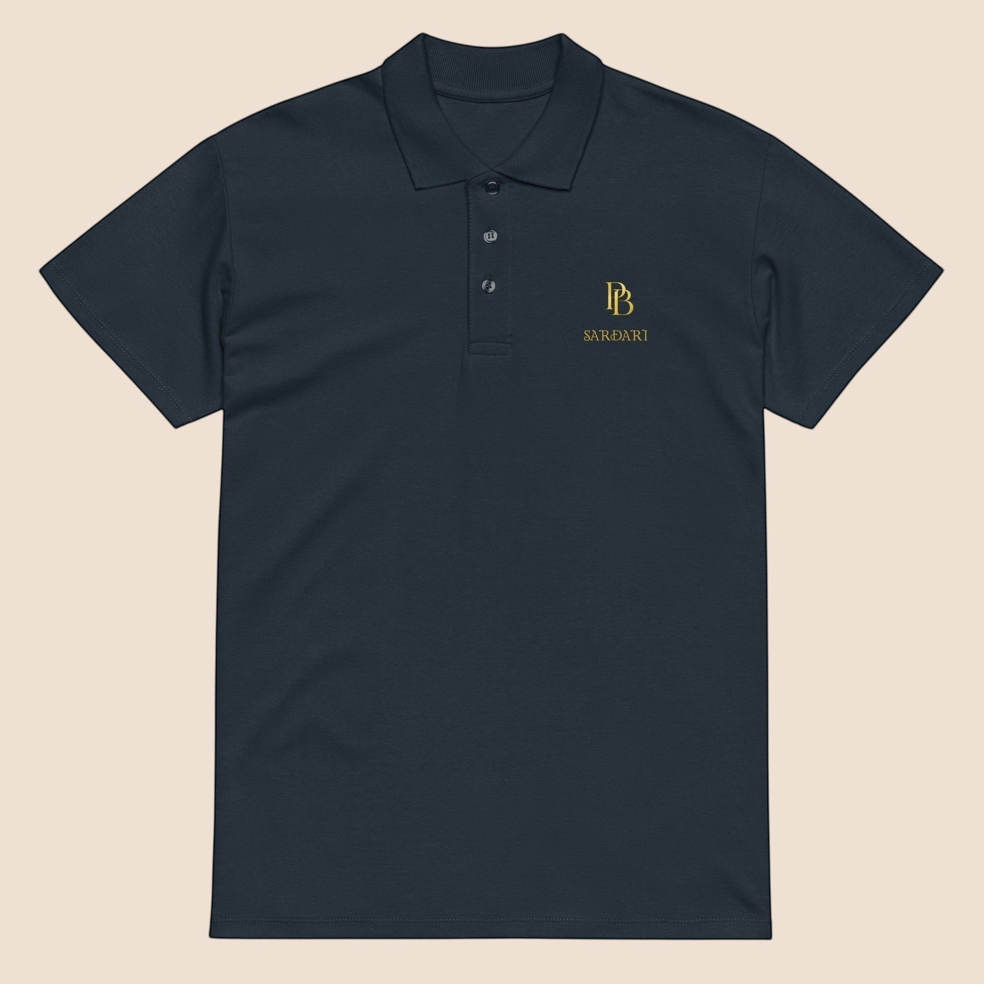 PUNJAB BOLDA SARDARI premium navy pique polo shirt with gold embroidered logo, ribbed collar, and 3-button placket.