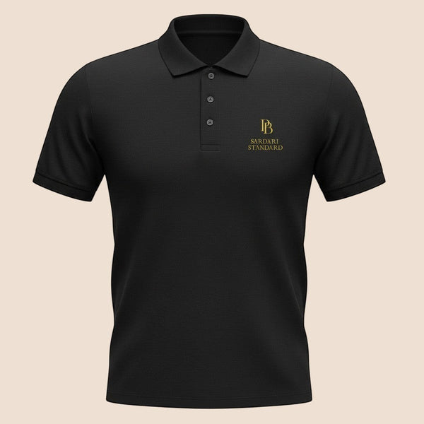 PUNJAB BOLDA black SARDARI STANDARD pique polo shirt with gold logo embroidery and a three-button placket.