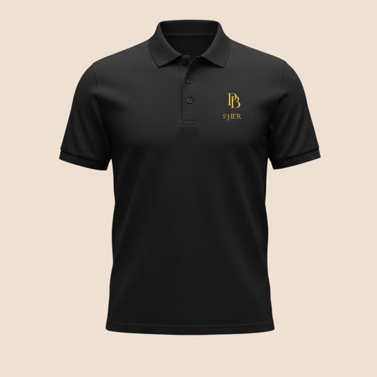 PUNJAB BOLDA black SHER premium pique cotton polo shirt with gold logo embroidery and a three-button placket.