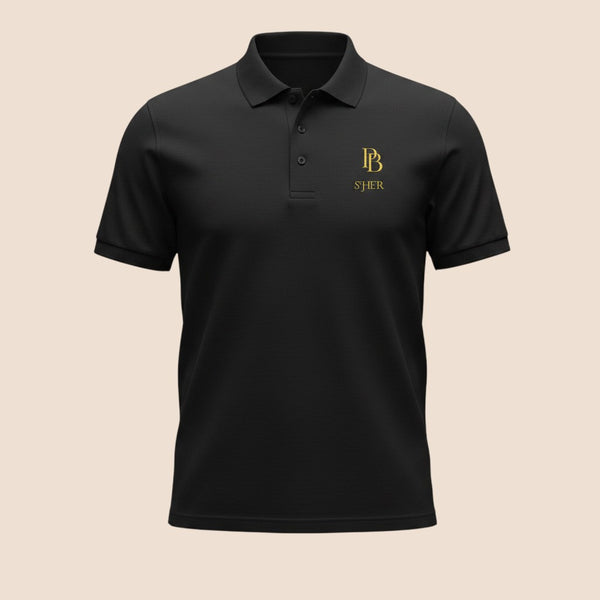 PUNJAB BOLDA black SHER premium pique cotton polo shirt with gold logo embroidery and a three-button placket.