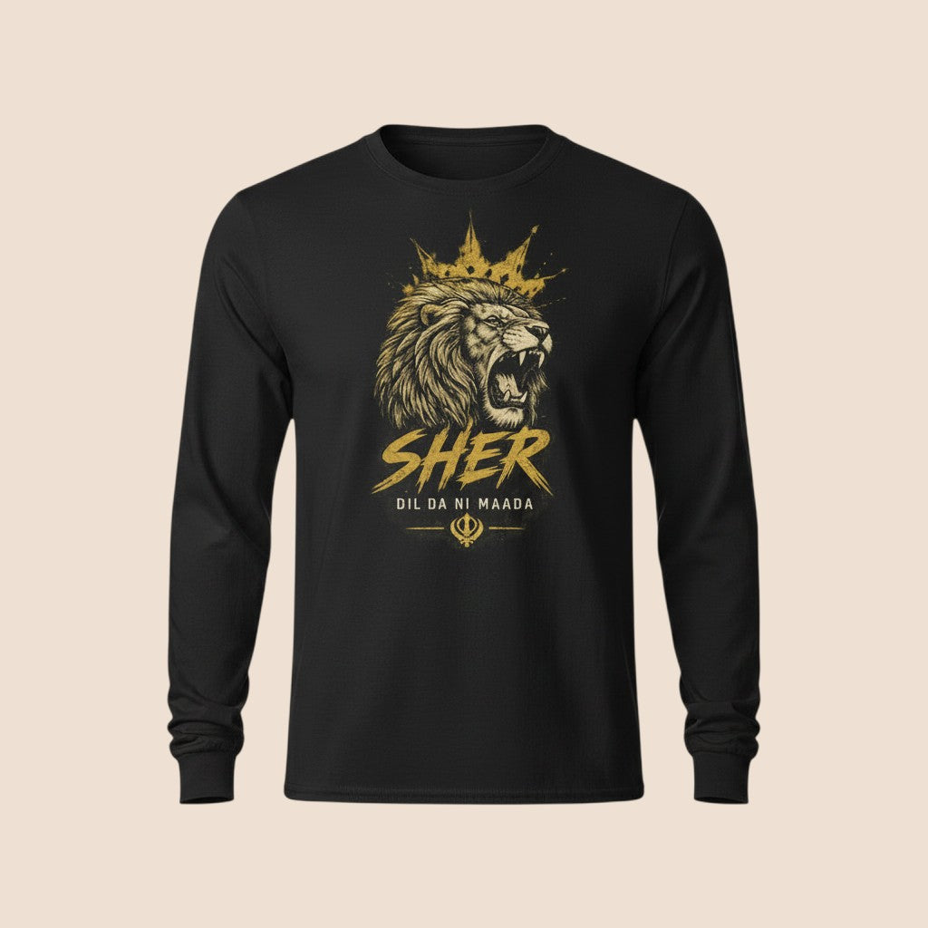 PUNJAB BOLDA black long sleeve cotton shirt featuring a gold lion graphic with crown and SHER text design.