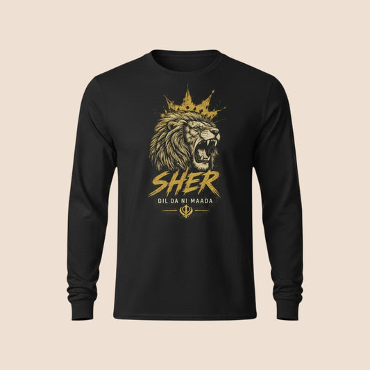 PUNJAB BOLDA black long sleeve cotton shirt featuring a gold lion graphic with crown and SHER text design.