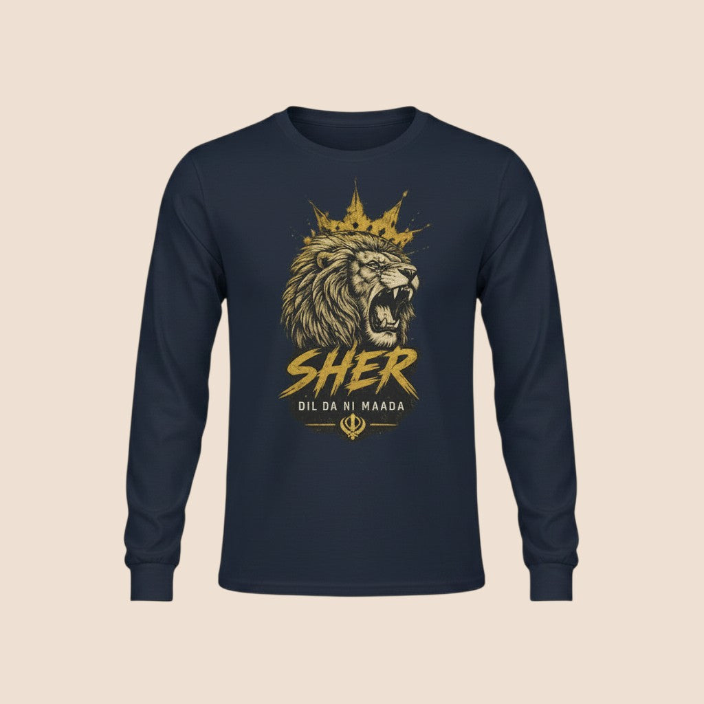 PUNJAB BOLDA navy blue long sleeve cotton shirt featuring a gold lion graphic with crown and SHER text design.