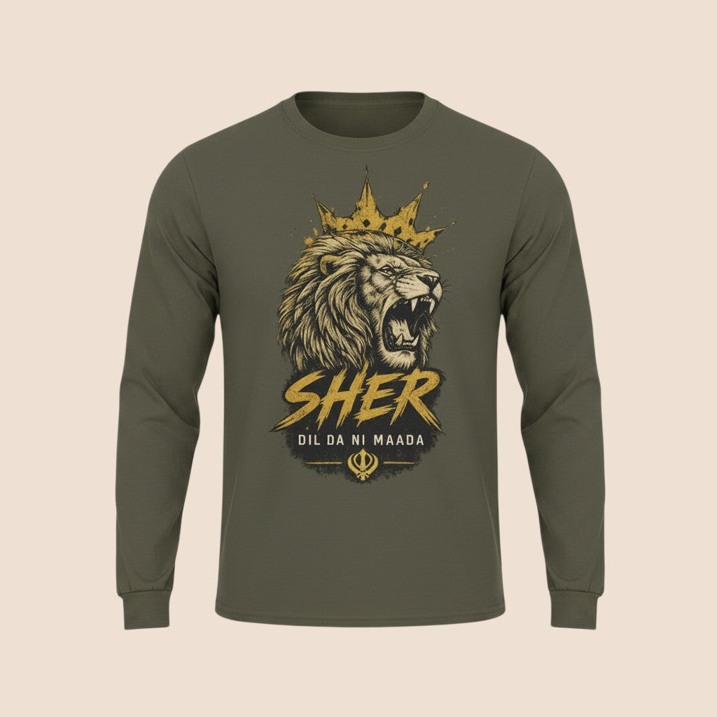 PUNJAB BOLDA olive green long sleeve cotton shirt featuring a roaring lion graphic with a crown and SHER text.