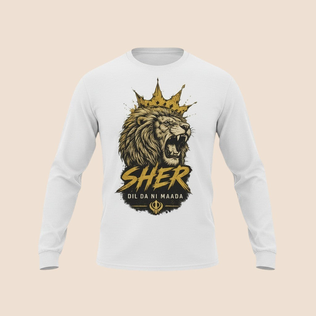 PUNJAB BOLDA white long sleeve cotton shirt featuring a gold lion graphic with a crown and Sher text print.