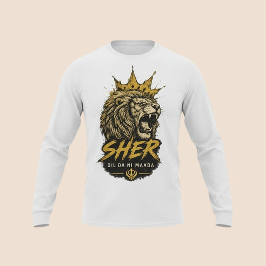 PUNJAB BOLDA white long sleeve cotton shirt featuring a gold lion graphic with a crown and Sher text print.
